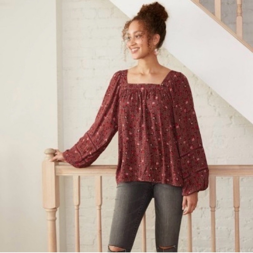 Knox Rose Burgundy Floral Square-Neck Peasant Top